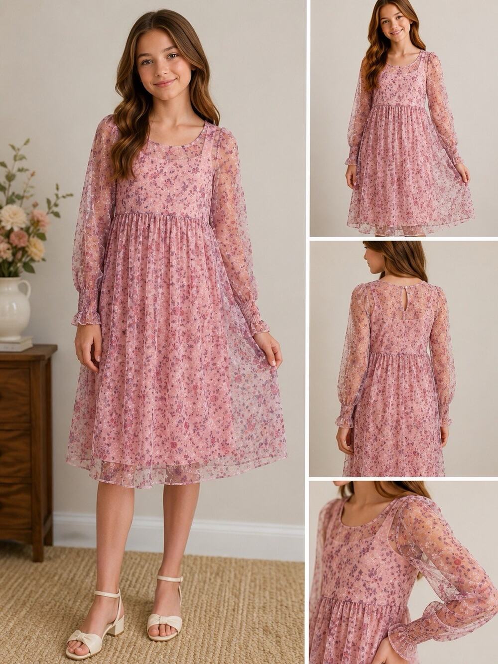 🌸 Zara Girls Collection Pink Floral Mesh Overlay Dress Size 13/14 (164)